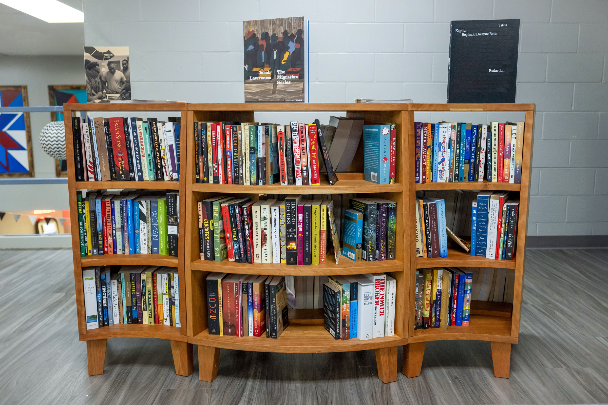 Bookcase, filled with multicolored paperbacks, frontal view