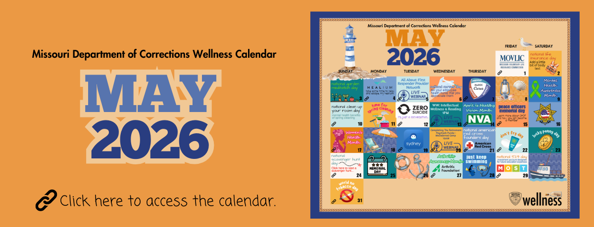 An image advertising the May DOC wellness calendar with a small image of the calendar inset. 