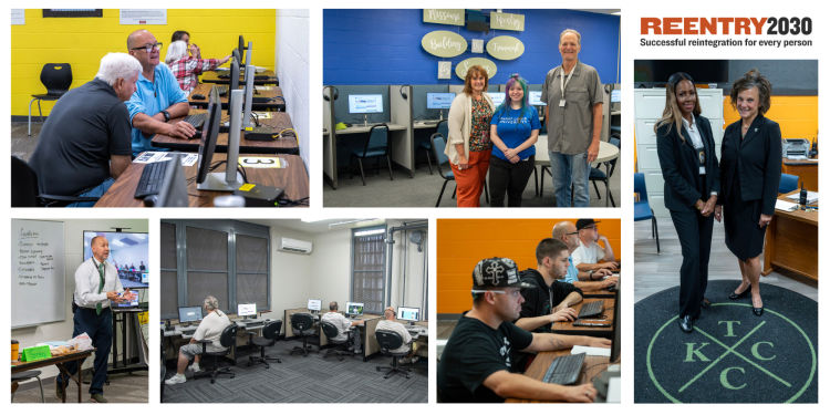 Collage of people working at computers in reentry centers